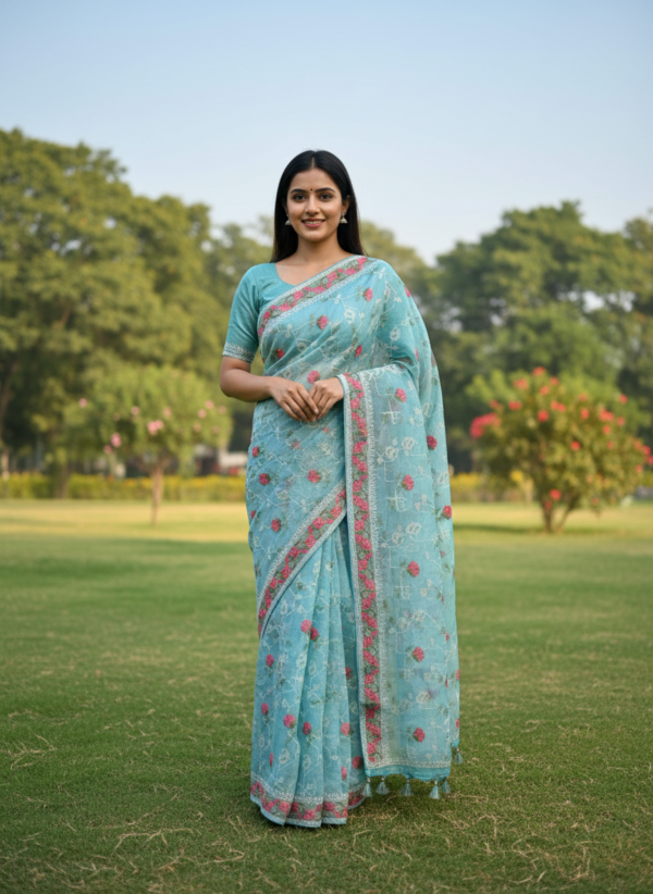 Kota Tissue Embroidery Saree With Embroided Blouse