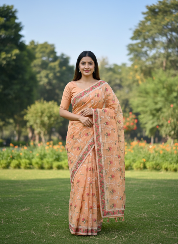 Kota Tissue Embroidery Saree With Embroided Blouse